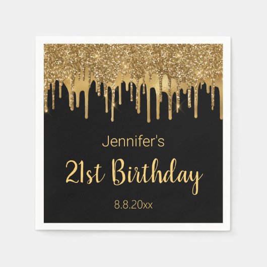 Serviette En Papier 21e joyeux anniversaire noir parties scintillant g (Devant)