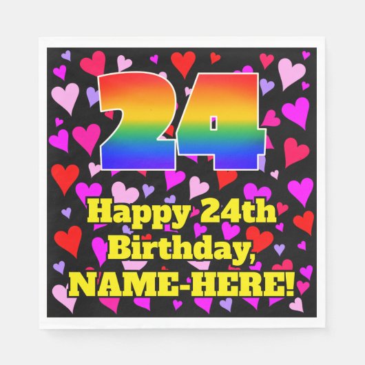 Serviette En Papier 24e anniversaire : Amour Hearts Motif, Arc-en-ciel (Devant)