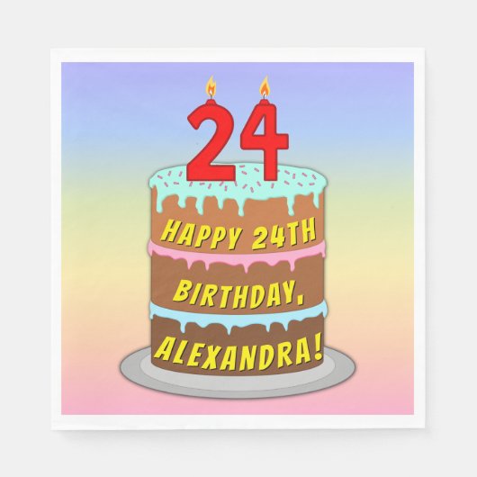 Serviette En Papier 24e anniversaire : Fun Cake and Candles + Nom pers (Devant)