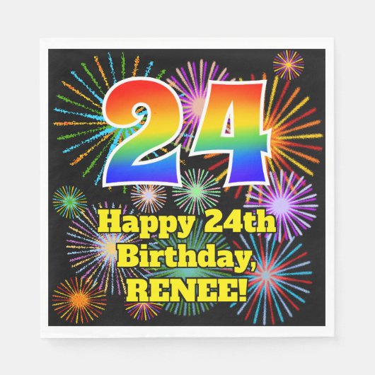 Serviette En Papier 24ème anniversaire : Fun Fireworks Motif + Rainbow (Devant)