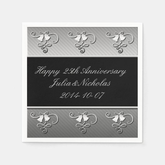 Serviette En Papier 25e anniversaire Argent et serviettes noires (Devant)