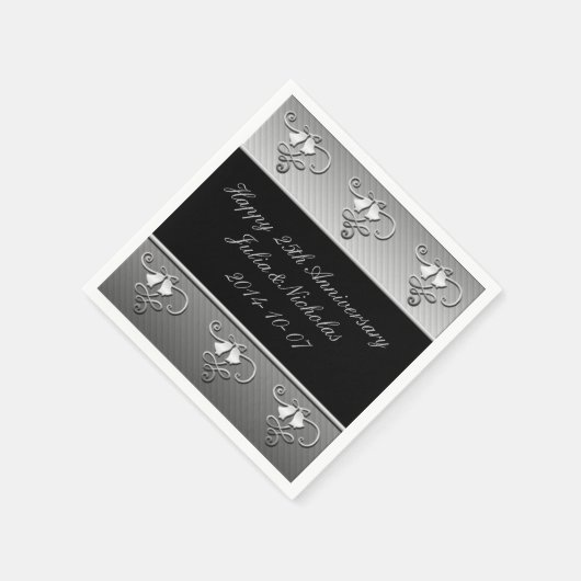Serviette En Papier 25e anniversaire Argent et serviettes noires (Coin)