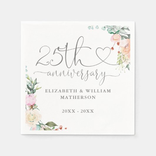 Serviette En Papier 25e anniversaire Cardiaque Rose floral (Devant)