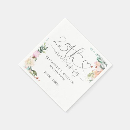 Serviette En Papier 25e anniversaire Cardiaque Rose floral (Coin)