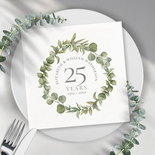 Serviette En Papier 25e Anniversaire de Mariage en Argent Greenery Flo