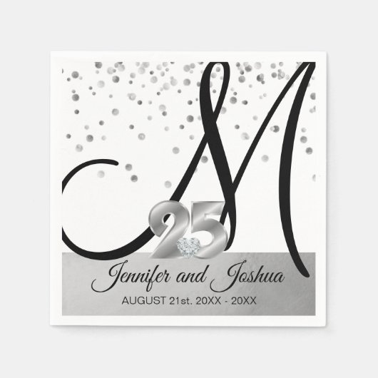 Serviette En Papier 25e anniversaire de Mariage Monogrammed Silver (Devant)