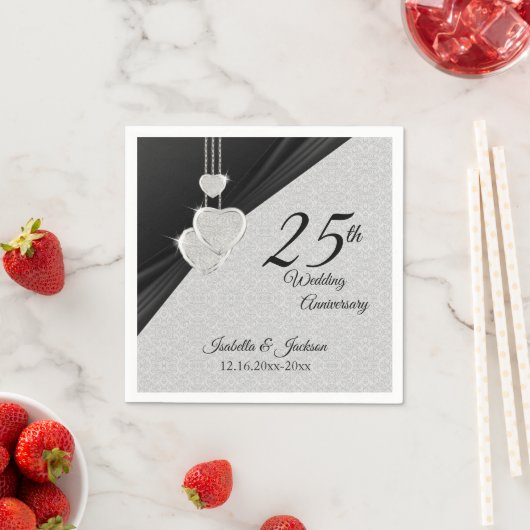 Serviette En Papier 25e anniversaire du Mariage gris et noir en argent (En situation)