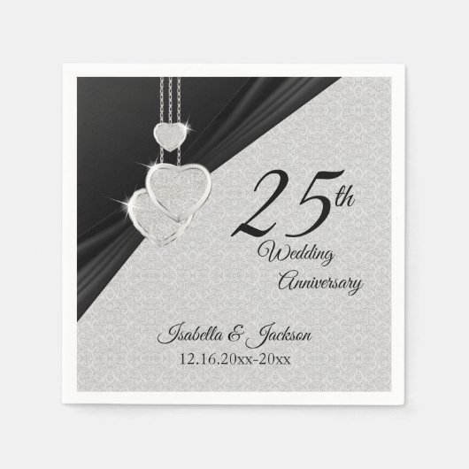 Serviette En Papier 25e anniversaire du Mariage gris et noir en argent (Devant)