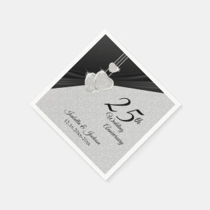 Serviette En Papier 25e anniversaire du Mariage gris et noir en argent