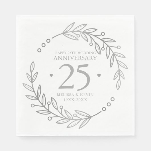 Serviette En Papier 25e anniversaire Mariage cadre botanique or (Devant)