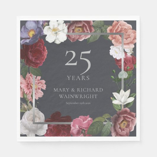 Serviette En Papier 25e anniversaire Mariage d'argent Floral Rose (Devant)