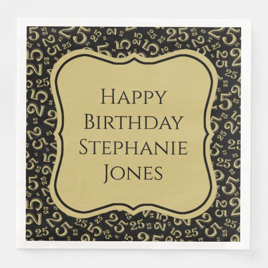 Serviette En Papier 25e anniversaire Noir/Or Motif numéro de support (Devant)