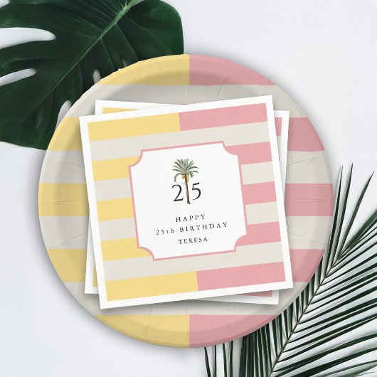 Serviette En Papier 25th Birthday Palm Beach Pastel Stripe Tropical