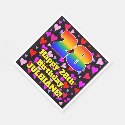 Serviette En Papier 28e anniversaire : Amour Hearts Motif, Arc-en-ciel (Coin)