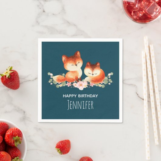 Serviette En Papier 2 mignons Petits Renards Rouges Aquarelle Design (En situation)