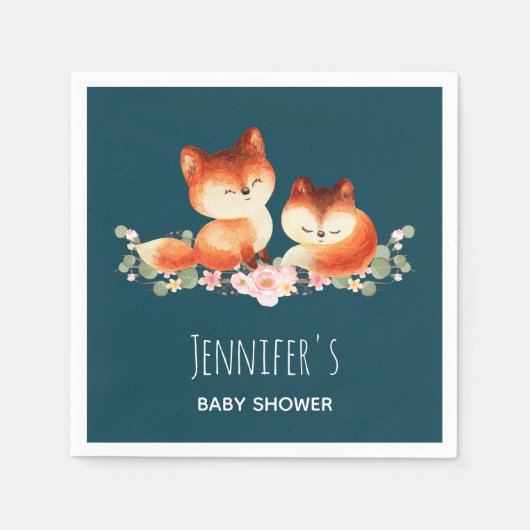 Serviette En Papier 2 mignons petits renards rouges Baby shower d'aqua (Devant)
