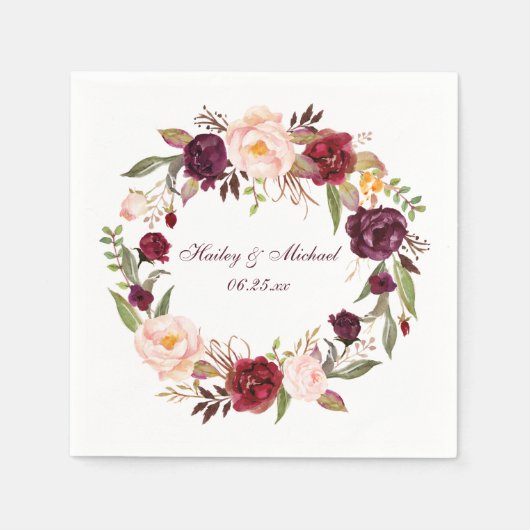 Serviette En Papier #2 Roses blanches de Marsala Burgundy | (Devant)