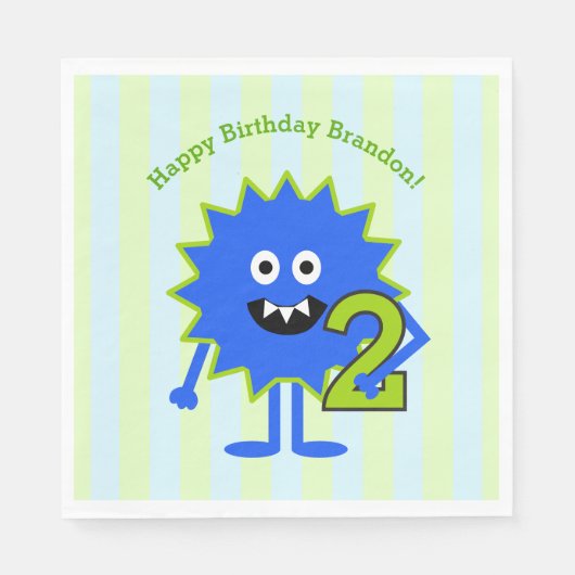 Serviette En Papier 2e anniversaire Boy Monster Blue Green Stripes mig (Devant)