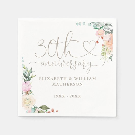 Serviette En Papier 30e anniversaire Cardiaque Rose floral (Devant)