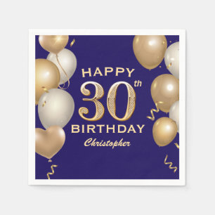 Serviette En Papier 30e Anniversaire Marine Bleu et Ballons d'or