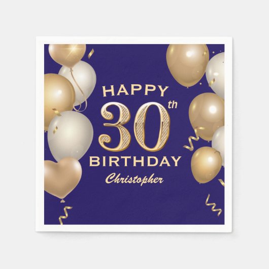 Serviette En Papier 30e Anniversaire Marine Bleu et Ballons d'or (Devant)