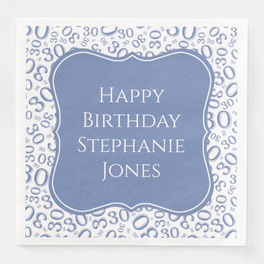 Serviette En Papier 30h Anniversaire Bleu/Blanc Numéro Motif (Devant)