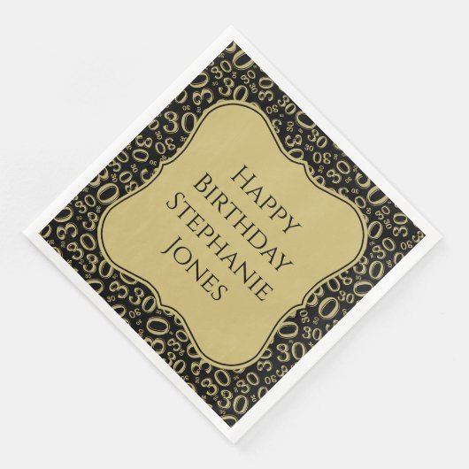 Serviette En Papier 30h Anniversaire Noir/Or Motif Numéro Bracket (Coin)