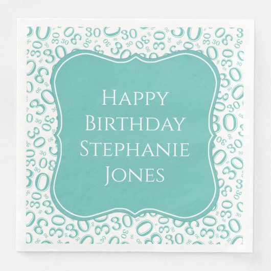 Serviette En Papier 30h Anniversaire Turquoise/blanc Numéro de support (Devant)