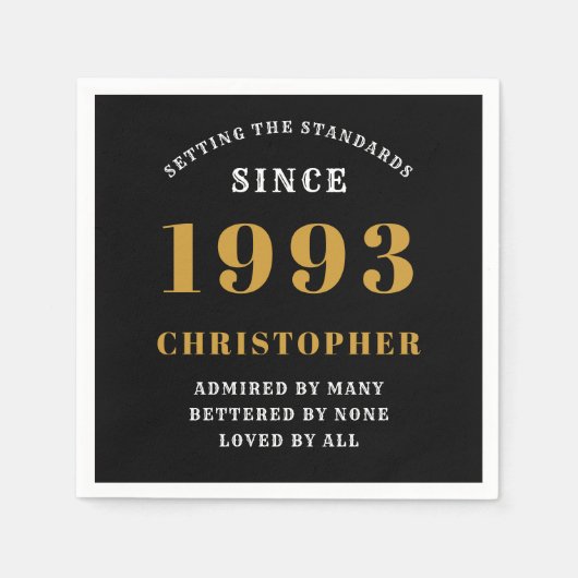 Serviette En Papier 30th Birthday Born 1993 Ajouter Nom Black Gold (Devant)