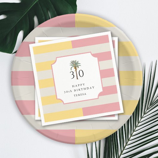 Serviette En Papier 30th Birthday Palm Beach Pastel Stripe Tropical