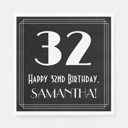 Serviette En Papier 32e anniversaire ~ Art Déco Inspiré Look "32", Nom (Devant)
