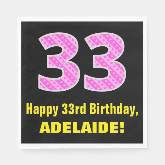 Serviette En Papier 33e anniversaire : Pink Stripes and Hearts "33" + (Devant)