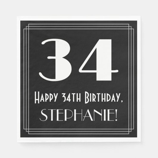 Serviette En Papier 34e anniversaire ~ Art Déco Inspiré Look "34", Nom (Devant)