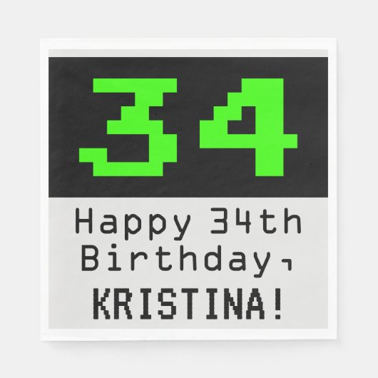 Serviette En Papier 34e anniversaire - Nerdy / Geeky Style "34" & Nom (Devant)