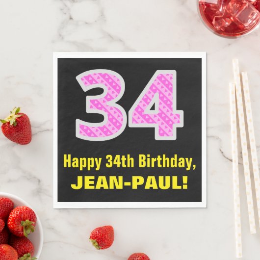 Serviette En Papier 34e anniversaire : Pink Stripes and Hearts "34" + (En situation)