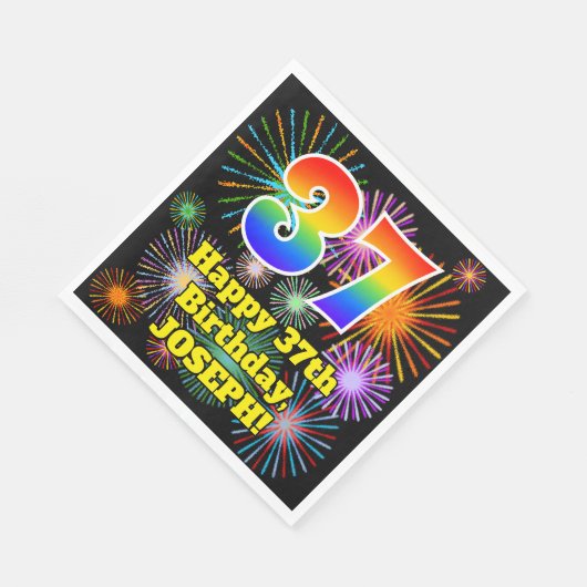 Serviette En Papier 37ème anniversaire : Fun Fireworks Motif + Rainbow (Coin)