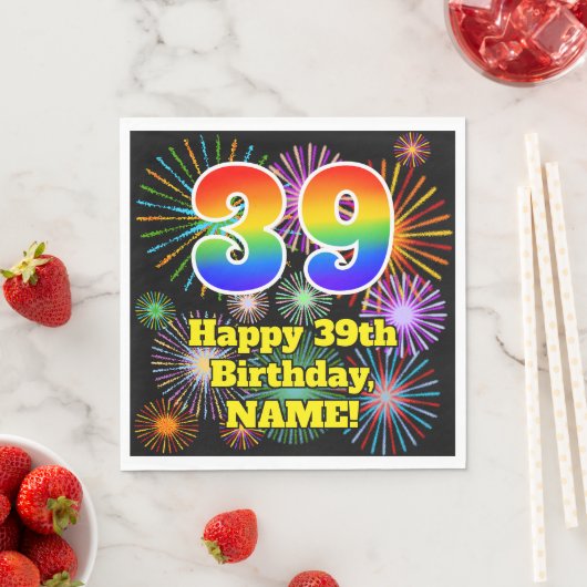 Serviette En Papier 39e anniversaire : Fun Fireworks Motif + Rainbow 3 (En situation)
