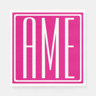 Serviette En Papier 3 Initiales Monogramme   Blanc sur rose chaud