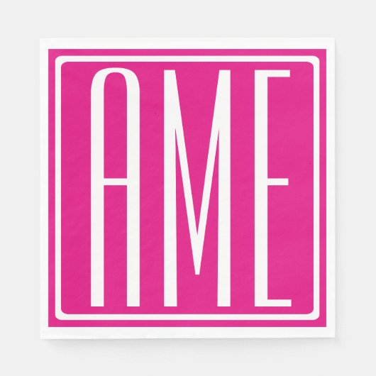 Serviette En Papier 3 Initiales Monogramme | Blanc sur rose chaud (Devant)
