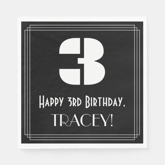 Serviette En Papier 3e anniversaire : Art Déco Inspiré Look "3" + Nom (Devant)