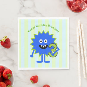 Serviette En Papier 3e anniversaire petit monstre bleu vert mignonne