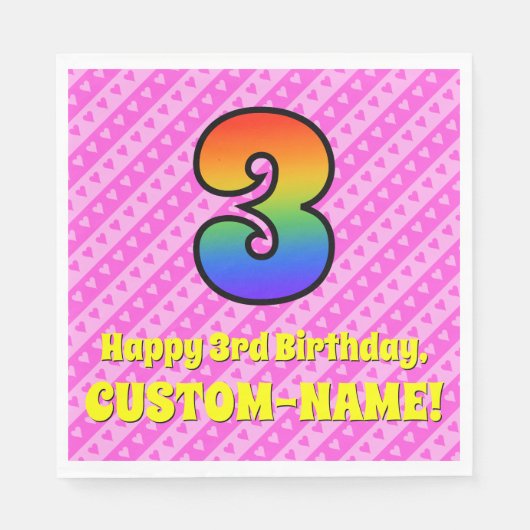 Serviette En Papier 3e anniversaire : Pink Stripes & Hearts, Rainbow # (Devant)