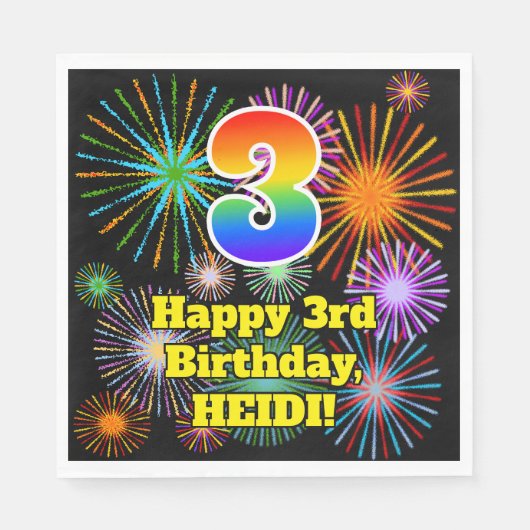 Serviette En Papier 3ème anniversaire : Fun Motif Fireworks + Rainbow  (Devant)