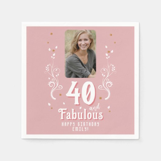 Serviette En Papier 40 et Fabulous Foliage rose photo 40e anniversaire (Devant)