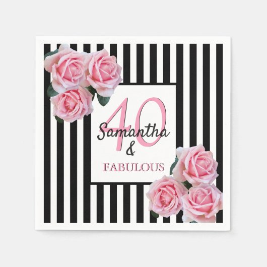 Serviette En Papier 40 fabuleux anniversaire rose noir rayures blanche (Devant)