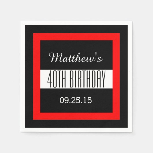 Serviette En Papier 40e anniversaire Noir avec cadre rouge personnalis (Devant)