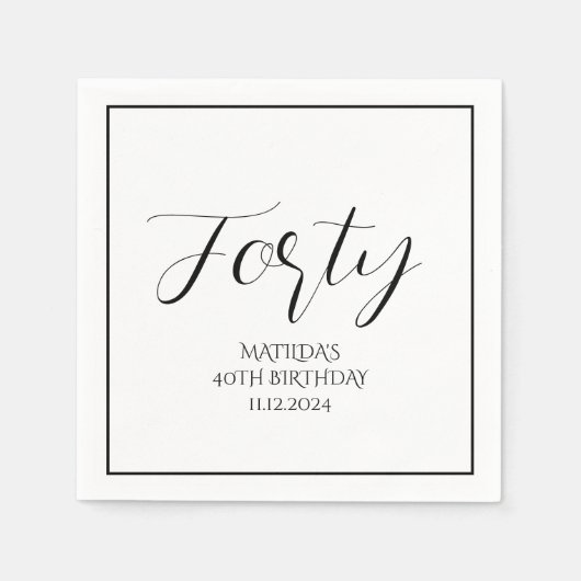 Serviette En Papier 40e anniversaire Noir Élégant Script moderne Cheer (Devant)