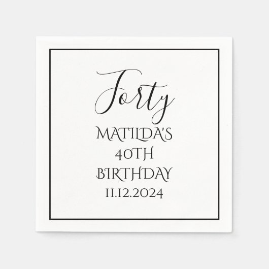 Serviette En Papier 40e anniversaire Noir Élégant Script moderne Cheer (Devant)