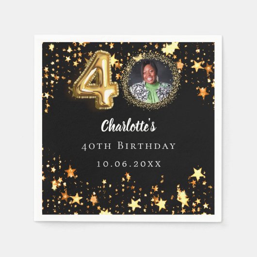 Serviette En Papier 40e anniversaire noir étoiles or photo (Devant)