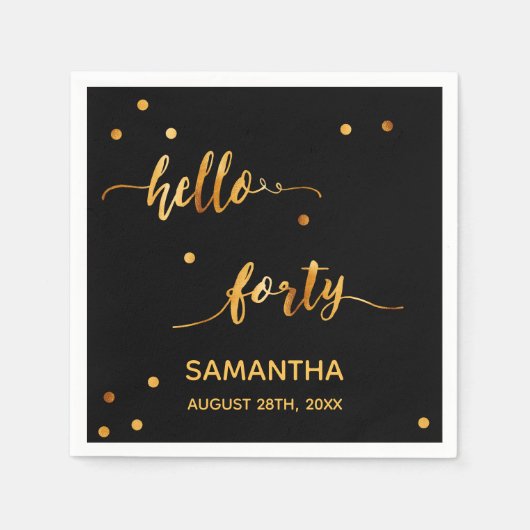 Serviette En Papier 40e anniversaire noir or bonjour 40 nom script (Devant)